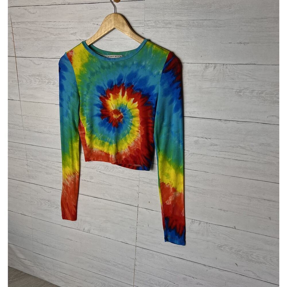 Alice + Olivia Tee Womens Size XS/TP Delaina Rainbow Tie Dye Cropped Long Sleeve - Picture 5 of 16